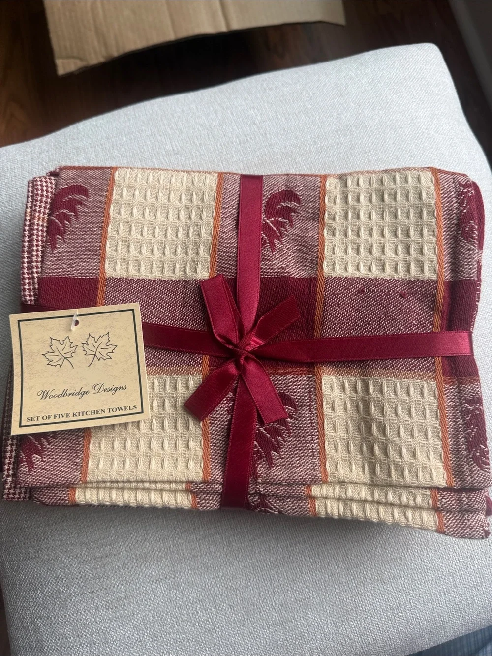 Cotton Kitchen Towel Set - Burgundy & Cream set of 5